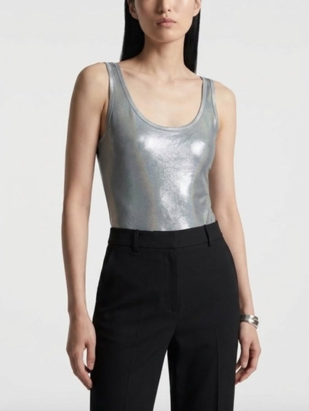 Donna Karan New York Metallic Bodysuit Petite | Silver Shimmer Tank One Piece